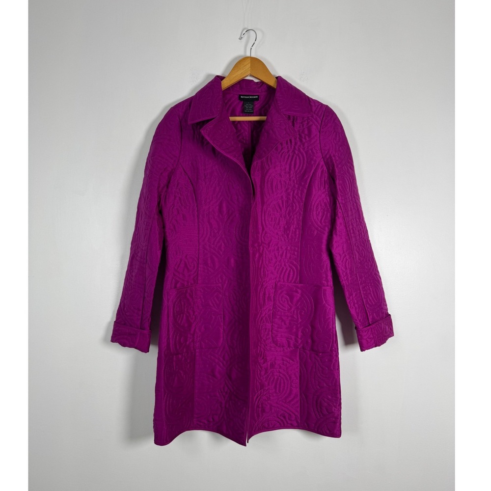 Regencycore Sutton Studio Womens Small Silk Quilted Topper Coat Magenta Scroll